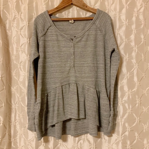 Free People Coastline Gray Thermal Peplum Top Waffle Knit Henley Long Sleeve - Picture 2 of 11